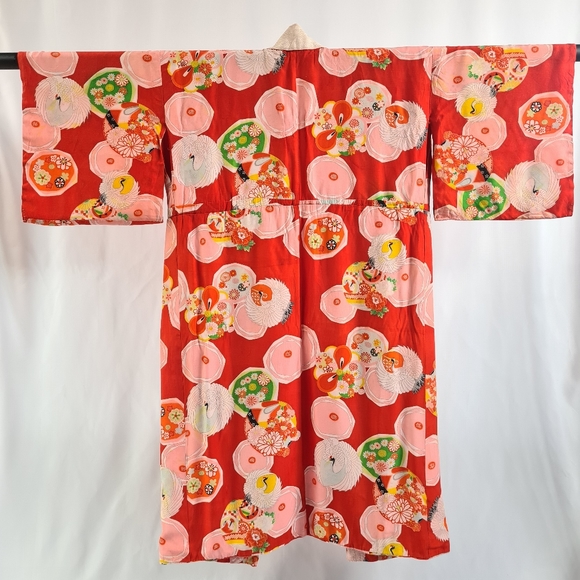 Vintage red japanese kimono, floral crane print, red pink green, handmade - Picture 3 of 14